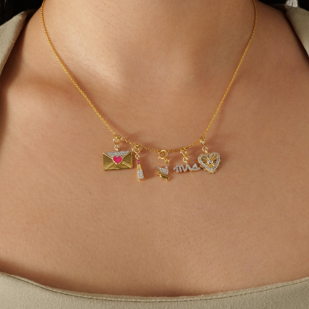 Envelope Heart Diamond Charm, 14k Solid Gold, Natural Diamond, Enamel Layering Pendant, Minimal Necklace, Ready To Ship, Certified Jewelry