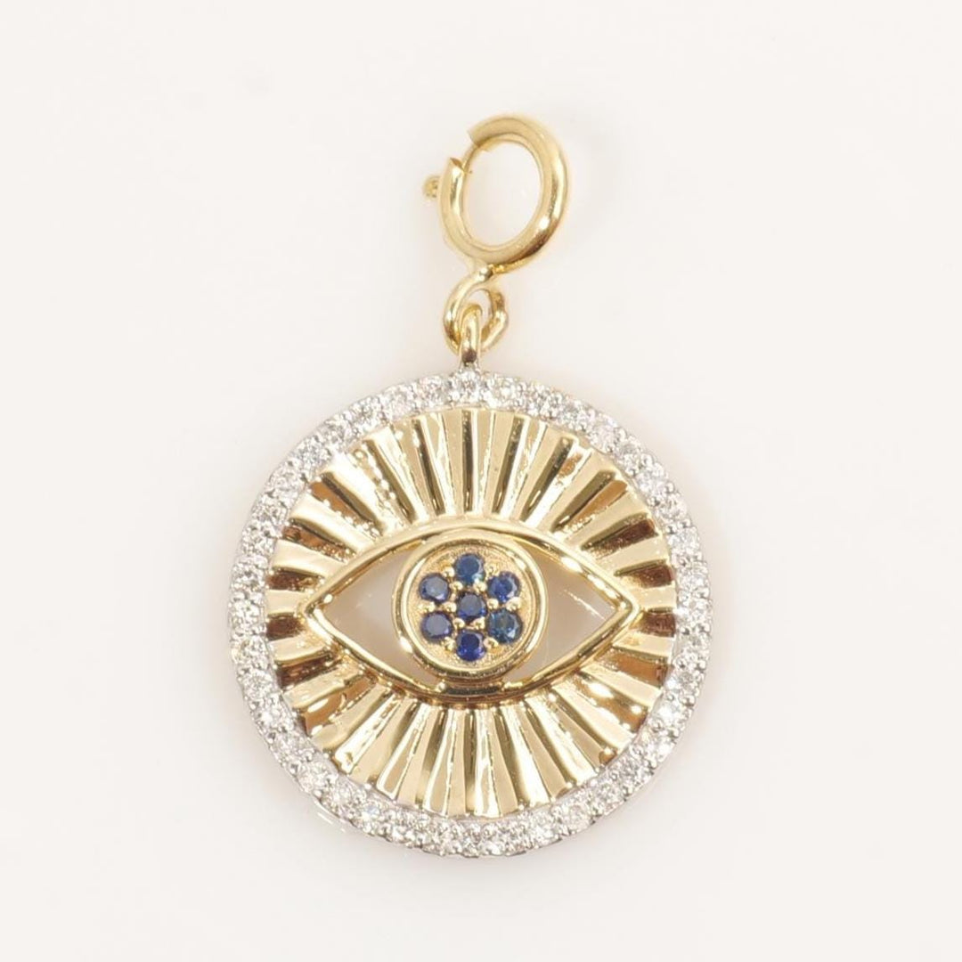 Evil Eye Sapphire Diamond Charm, 14k Solid Gold, Natural Diamonds, Layering Pendant, Medallion Necklace, Ready To Ship, Certified Jewelry