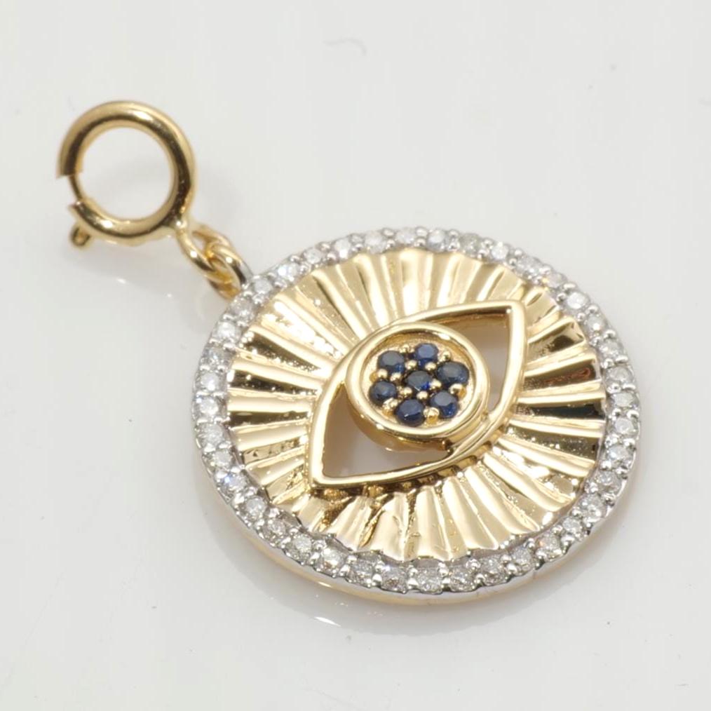 Evil Eye Sapphire Diamond Charm, 14k Solid Gold, Natural Diamonds, Layering Pendant, Medallion Necklace, Ready To Ship, Certified Jewelry