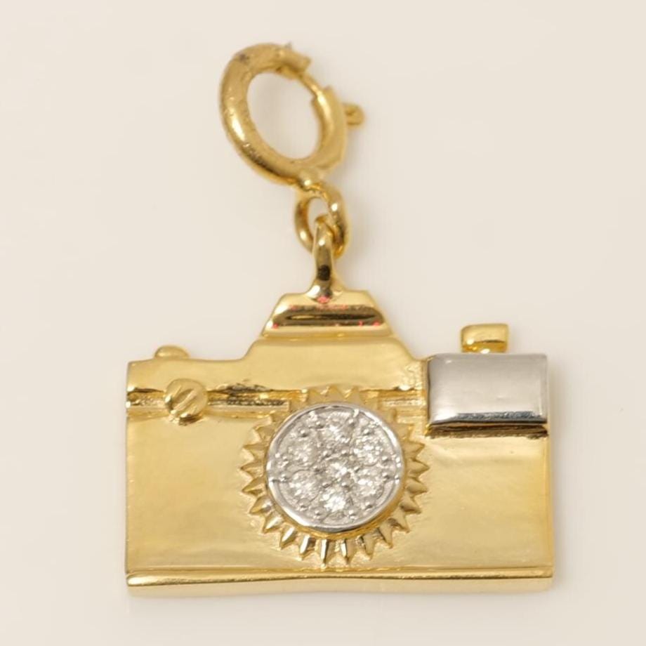 Camera Diamond Charm, 14k Solid Gold, Natural Diamonds, Two Tone Layering Pendant, Minimal Necklace, Ready To Ship, Certified Jewelry