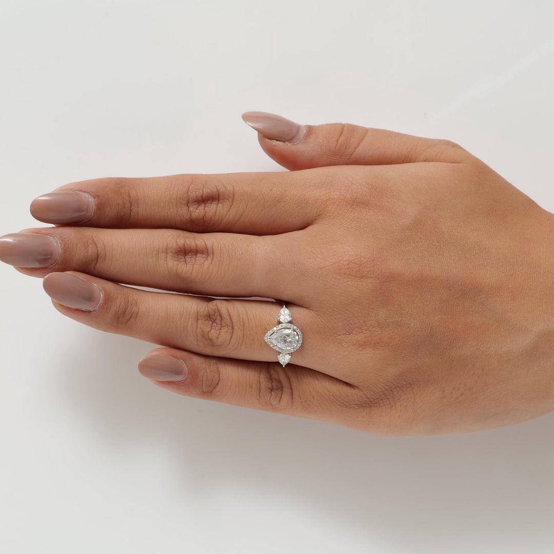 Pear Solitaire Halo Diamond Ring, 14k Solid Gold, Natural Diamonds, Teardrop Three Stone Ring, Statement Engagement Ring, Certified Jewelry