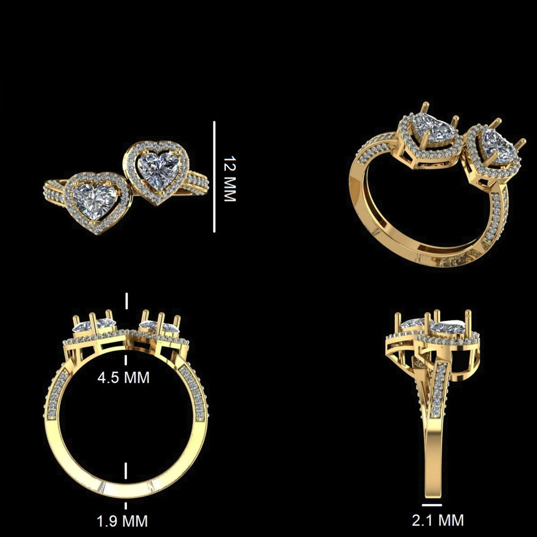 Heart Diamond Bypass Ring, 14k Solid Gold, Natural Diamonds, Twin Halo Set Proposal Ring, Statement Bridal Ring, Certified Jewelry