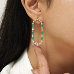 Load image into Gallery viewer, Emerald Diamond Long Stud Earrings, 14k Solid Gold, Natural Diamonds, Mixed Oval Hoops, Green Gemstone Statement Jewelry, Certified Jewelry
