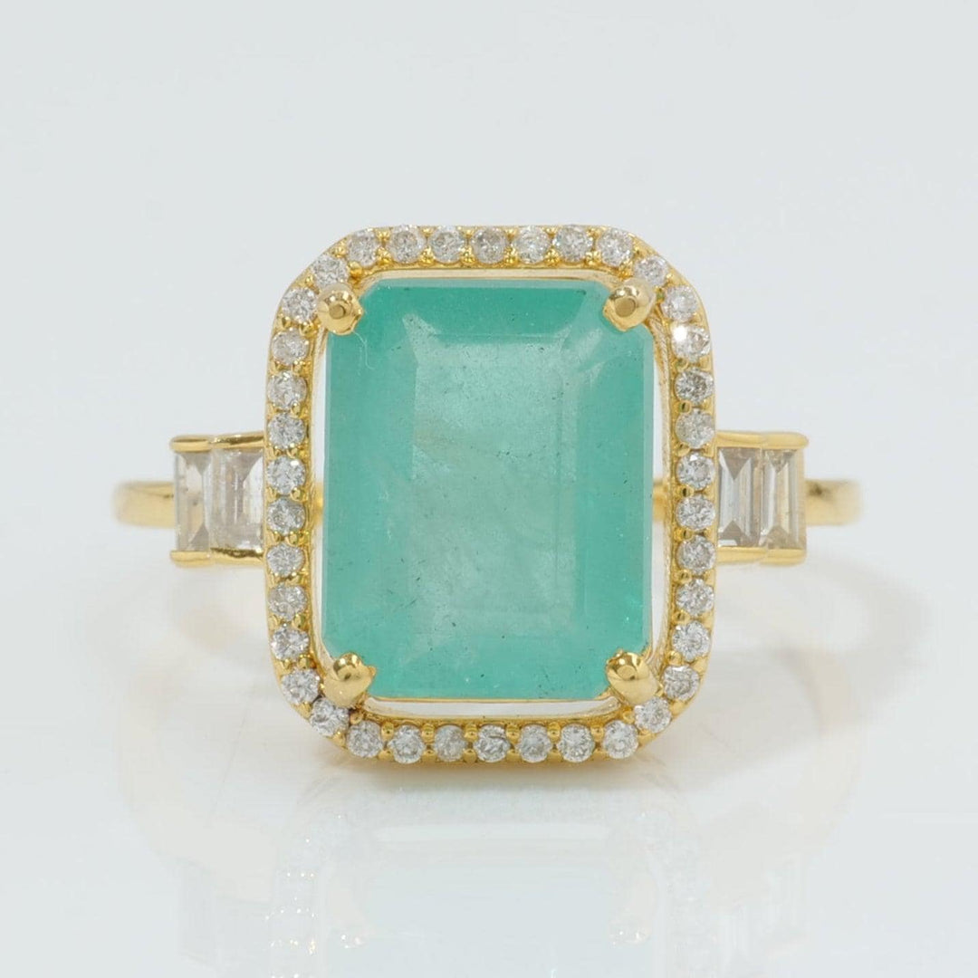 Emerald Cut Halo Diamond Ring, 14k Solid Gold, Natural Diamonds, Gemstone Statement Ring, Baguette Accent Ring, Certified Jewelry