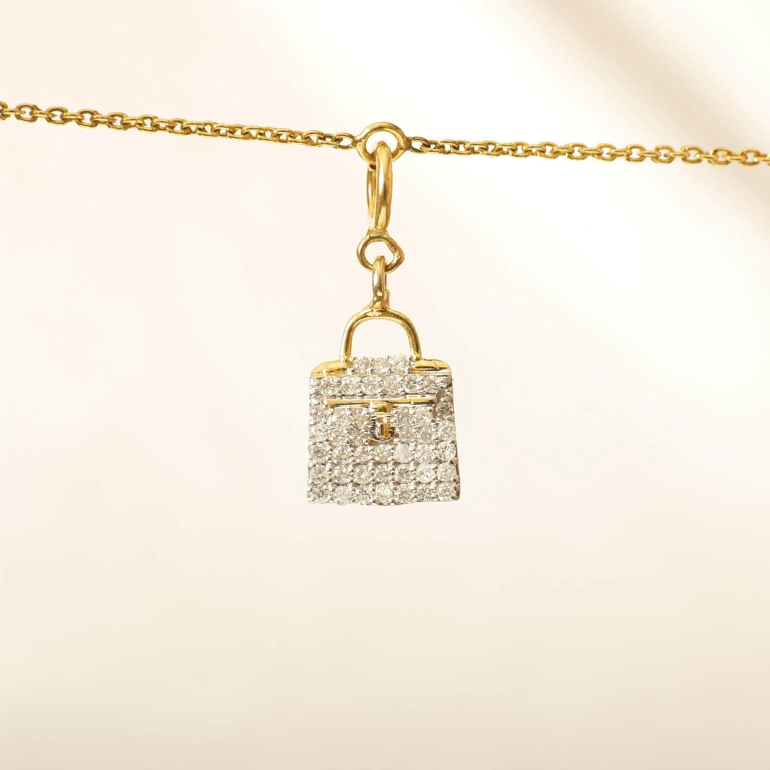 Handbag Diamond Charm, 14k Solid Gold, Natural Diamonds, Two Tone Layering Pendant, Minimal Bag Necklace, Ready To Ship, Certified Jewelry