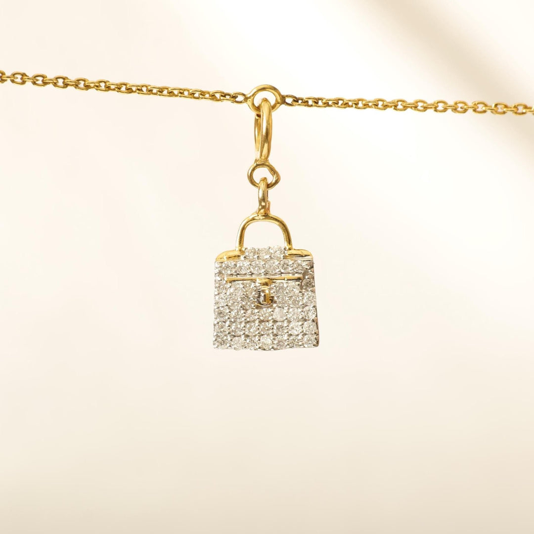 Handbag Diamond Charm, 14k Solid Gold, Natural Diamonds, Two Tone Layering Pendant, Minimal Bag Necklace, Ready To Ship, Certified Jewelry