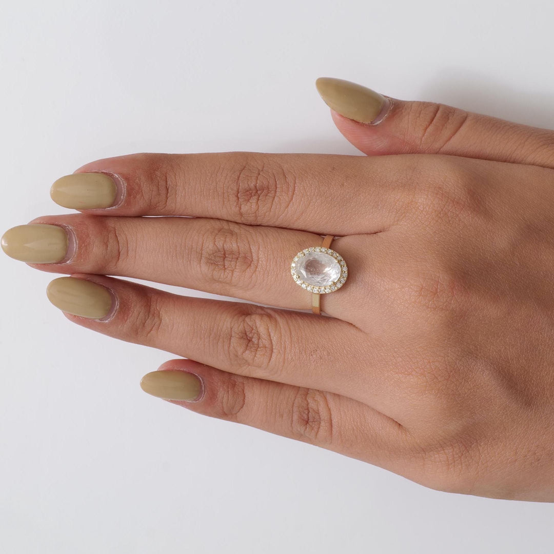 White Sapphire Oval Halo Diamond Ring, 14k Solid Gold, Natural Diamond, Cocktail Gemstone Statement Jewelry, Ready To Ship, HRD Certified