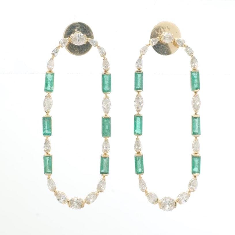 Emerald Diamond Long Stud Earrings, 14k Solid Gold, Natural Diamonds, Mixed Oval Hoops, Green Gemstone Statement Jewelry, Certified Jewelry