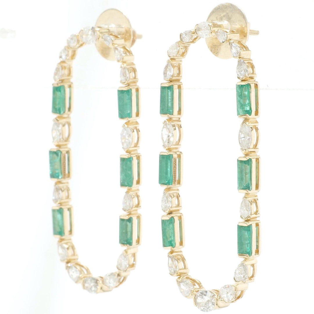 Emerald Diamond Long Stud Earrings, 14k Solid Gold, Natural Diamonds, Mixed Oval Hoops, Green Gemstone Statement Jewelry, Certified Jewelry