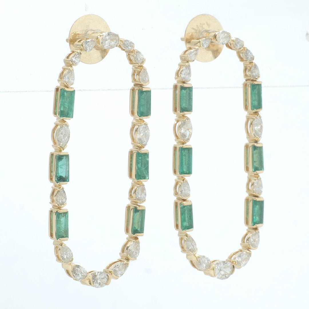 Emerald Diamond Long Stud Earrings, 14k Solid Gold, Natural Diamonds, Mixed Oval Hoops, Green Gemstone Statement Jewelry, Certified Jewelry