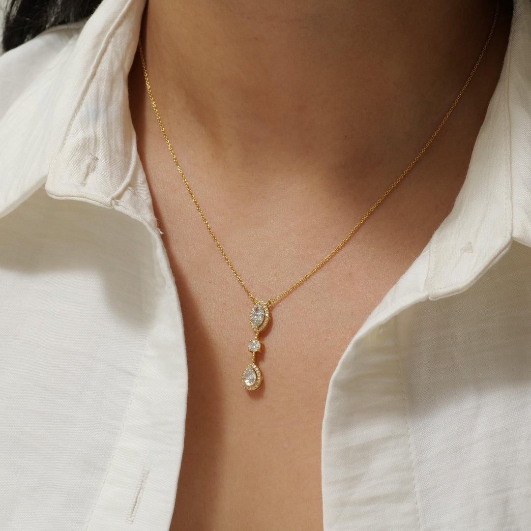 Three Stone Halo Diamond Necklace, 14k Solid Gold, Fancy Natural Diamonds, Layering Bridal Jewelry, Statement Necklace, Certified Jewelry