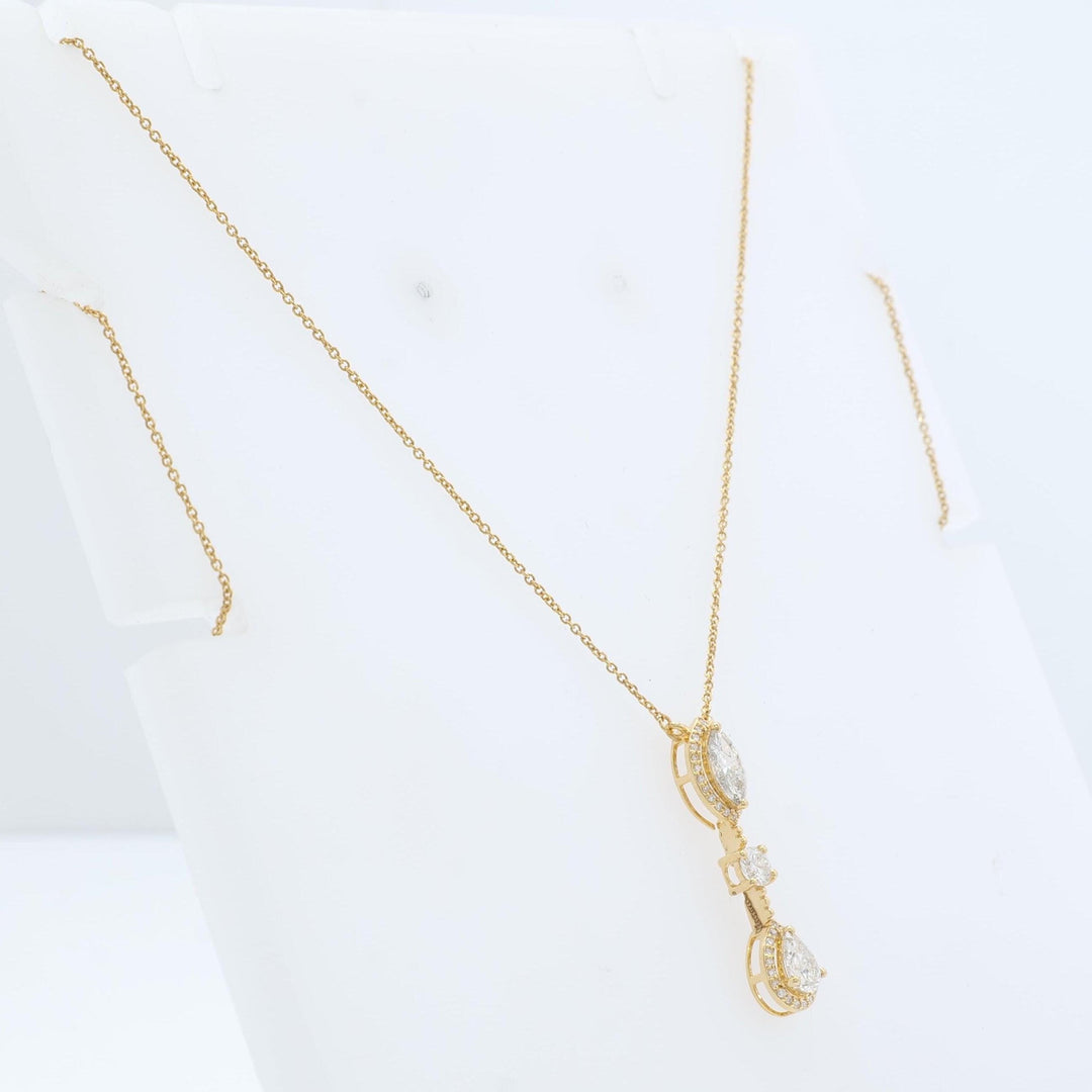 Three Stone Halo Diamond Necklace, 14k Solid Gold, Fancy Natural Diamonds, Layering Bridal Jewelry, Statement Necklace, Certified Jewelry