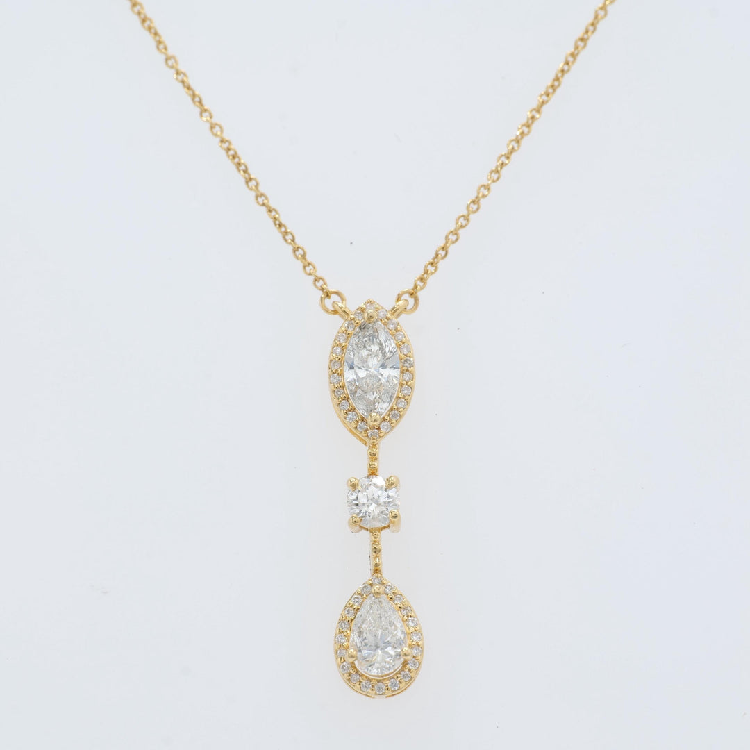 Three Stone Halo Diamond Necklace, 14k Solid Gold, Fancy Natural Diamonds, Layering Bridal Jewelry, Statement Necklace, Certified Jewelry