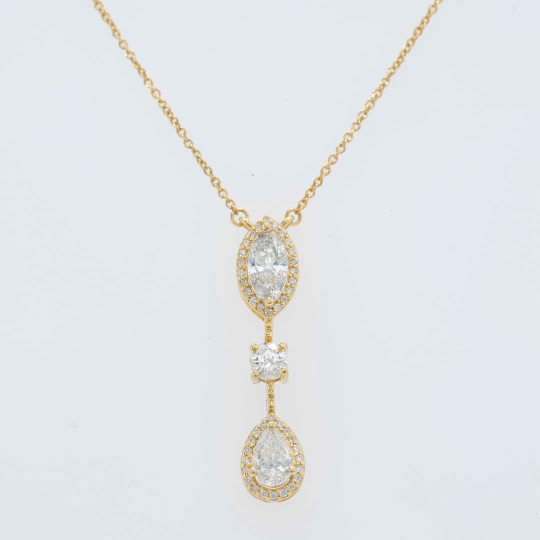 Three Stone Halo Diamond Necklace, 14k Solid Gold, Fancy Natural Diamonds, Layering Bridal Jewelry, Statement Necklace, Certified Jewelry