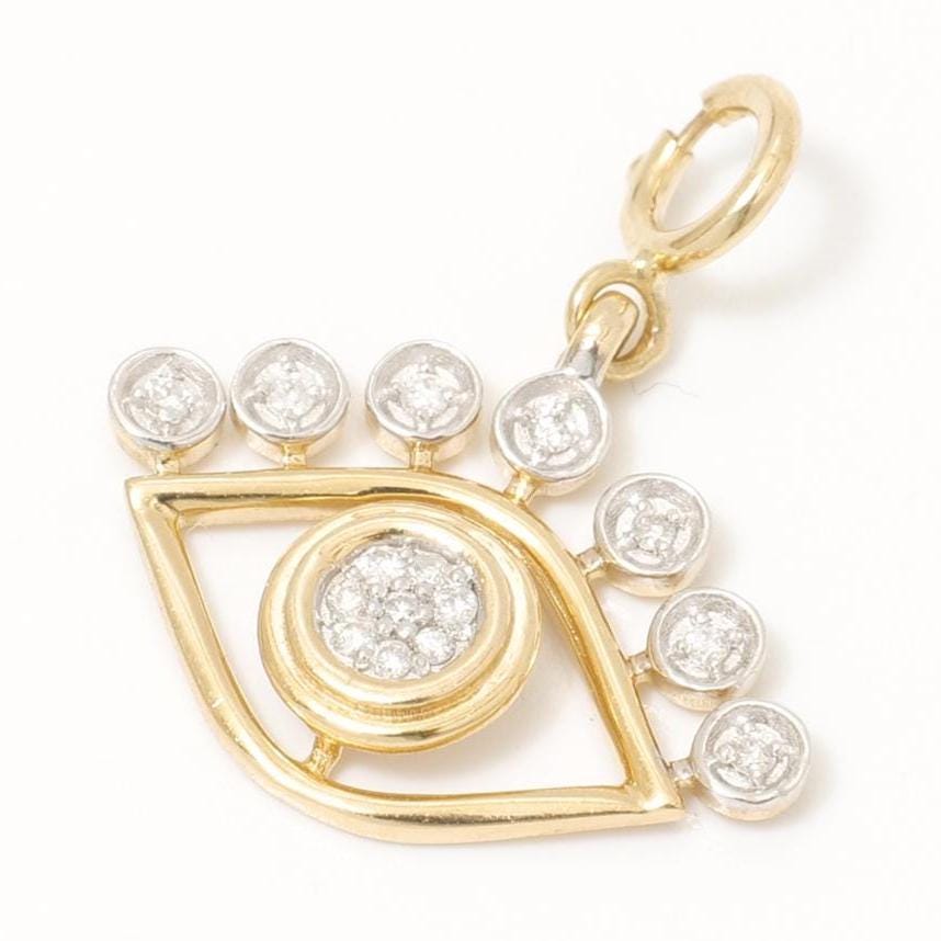 Evil Eye Diamond Charm, 14k Solid Gold, Natural Diamonds, Illusion Set Everyday Pendant, Dual Tone Layering Necklace, Ready To Ship