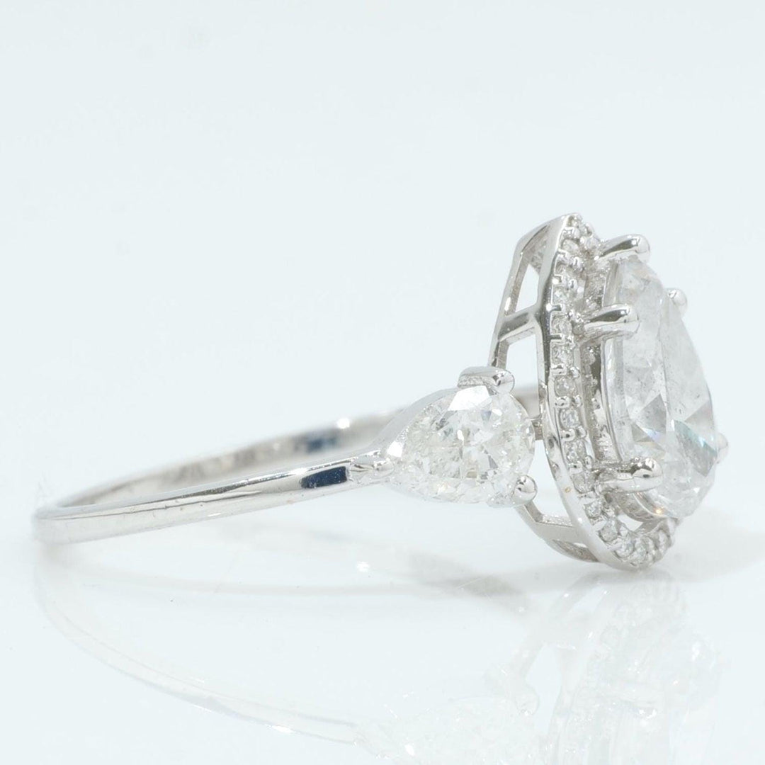 Pear Solitaire Halo Diamond Ring, 14k Solid Gold, Natural Diamonds, Teardrop Three Stone Ring, Statement Engagement Ring, Certified Jewelry