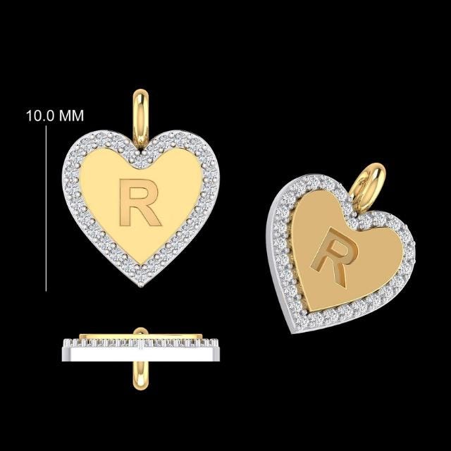 Embossed Initial Heart Natural Diamonds Layering Charm: 14k Solid Gold Everyday Personalised Pendant, Letter Necklace, Certified Jewelry