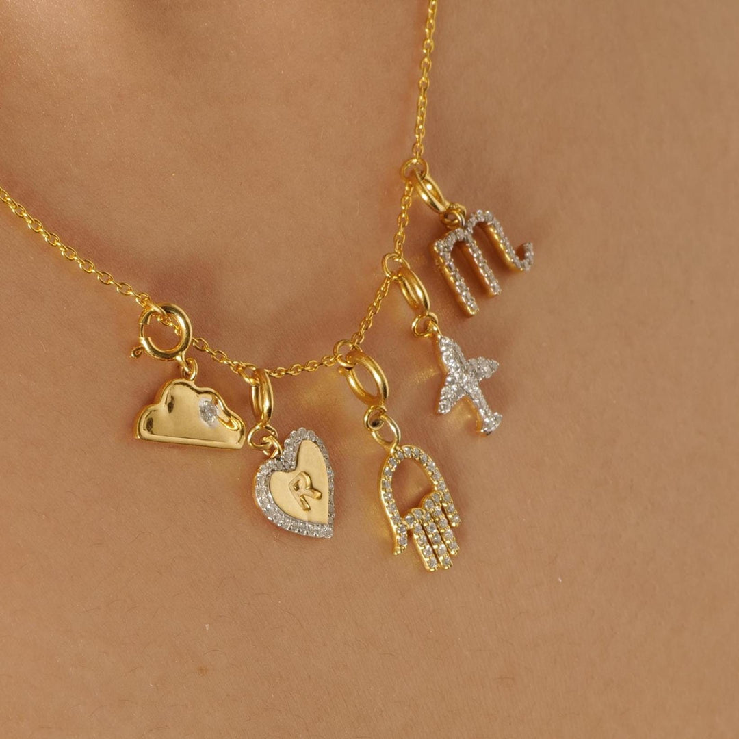 Embossed Initial Heart Natural Diamonds Layering Charm: 14k Solid Gold Everyday Personalised Pendant, Letter Necklace, Certified Jewelry