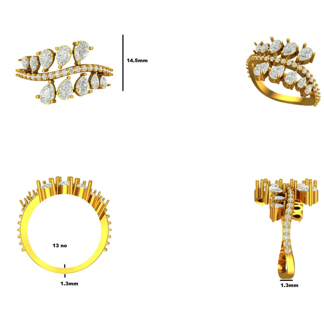 Leaf Cluster Pear Natural Diamond Ring: 14k Solid Gold Dual Row Evening Jewellery, Certified Jewelry