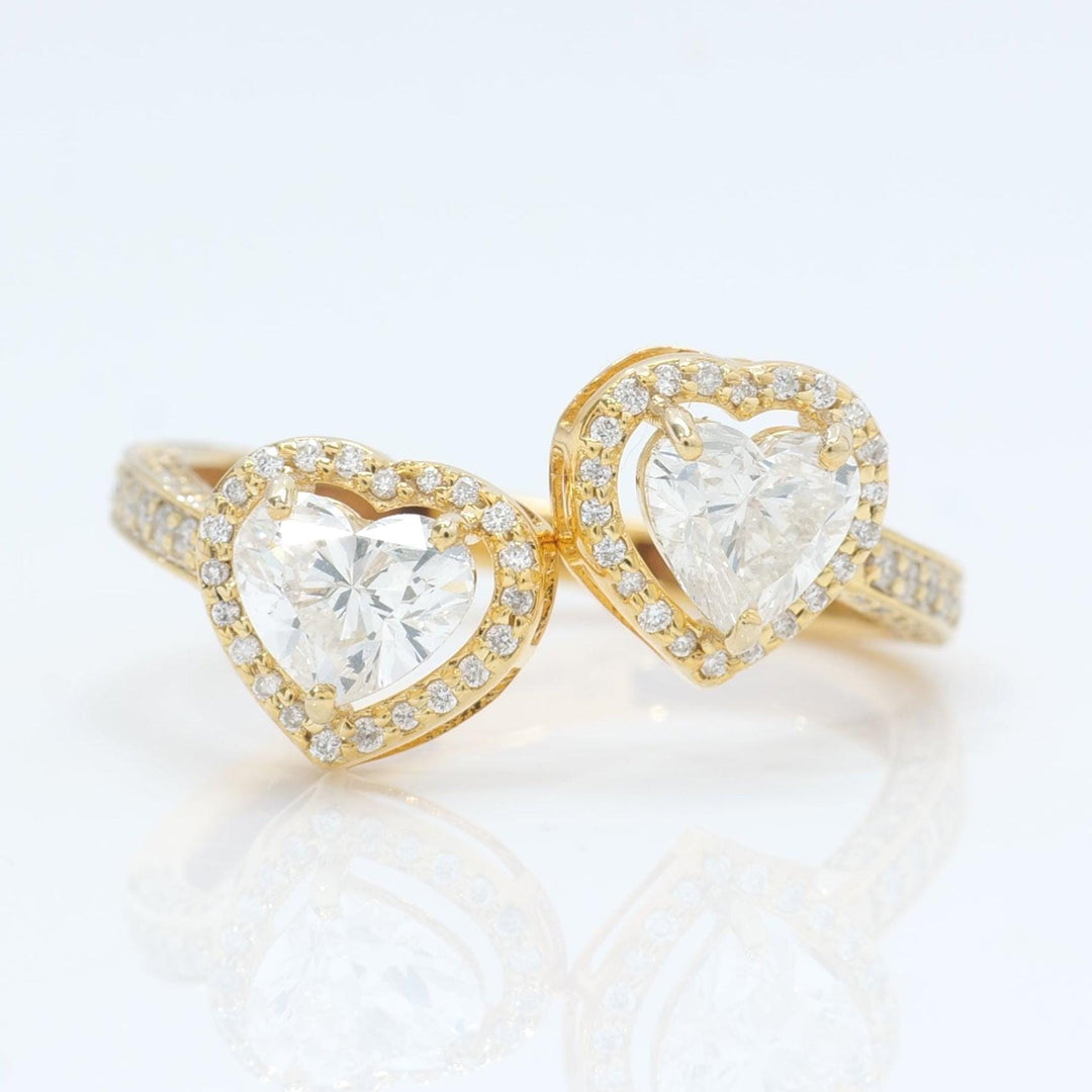 Heart Diamond Bypass Ring, 14k Solid Gold, Natural Diamonds, Twin Halo Set Proposal Ring, Statement Bridal Ring, Certified Jewelry
