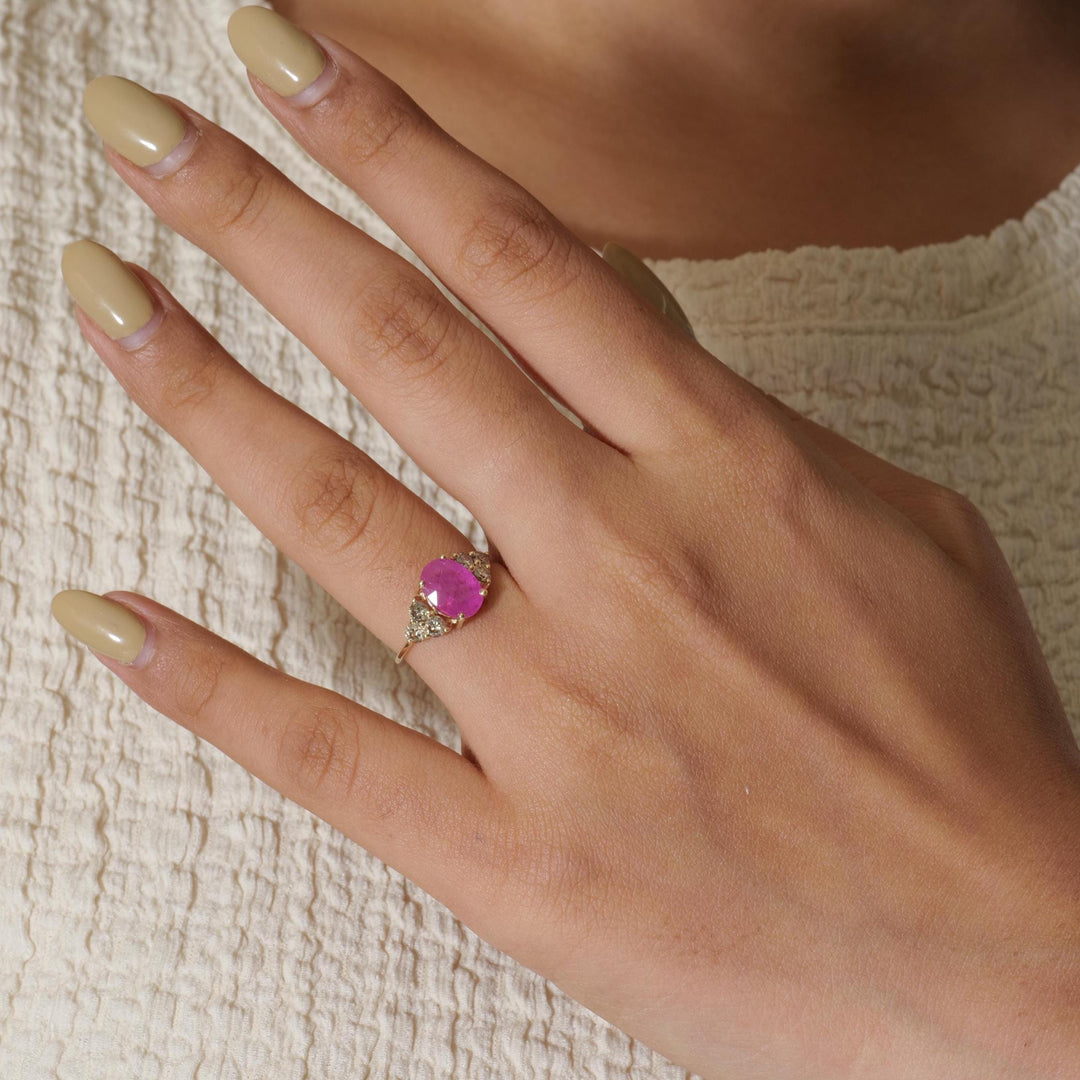 Oval Ruby Diamond Ring, 14k Solid Gold, Natural Diamonds, Gemstone Bridal Ring, Three Stone Cluster Jewelry, Ready To Ship, HRD Certified