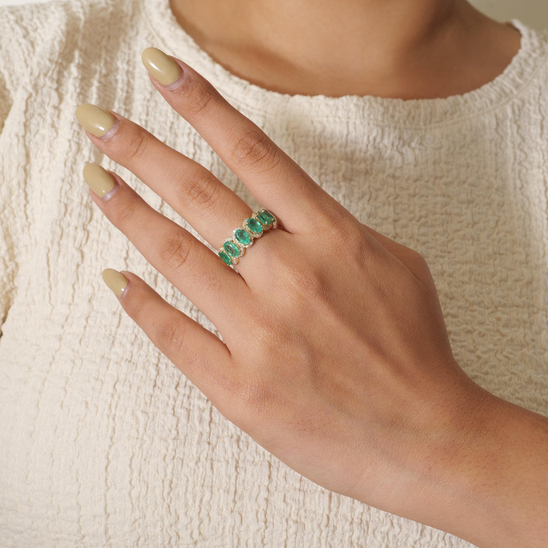 Oval Emerald Halo Diamond Ring, 14k Solid Gold, Natural Diamonds, Gemstone Stacking Ring, Five Stone Eternity Band, Certified Jewelry