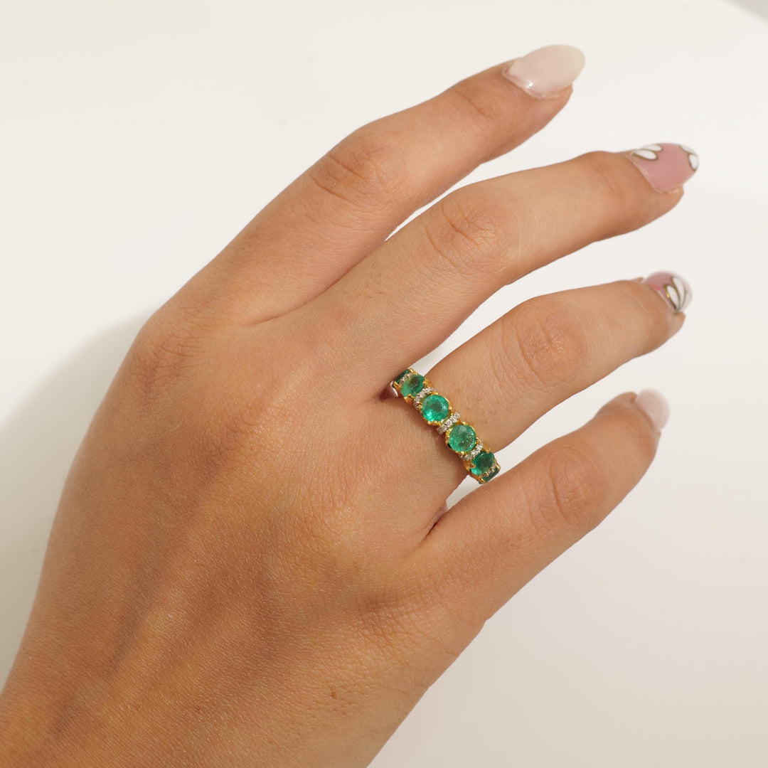 Emerald Diamond Ring, 14k Solid Gold, Natural Diamonds, Gemstone Stacking Ring, Half Eternity Band, Supporting Band, Certified Jewelry