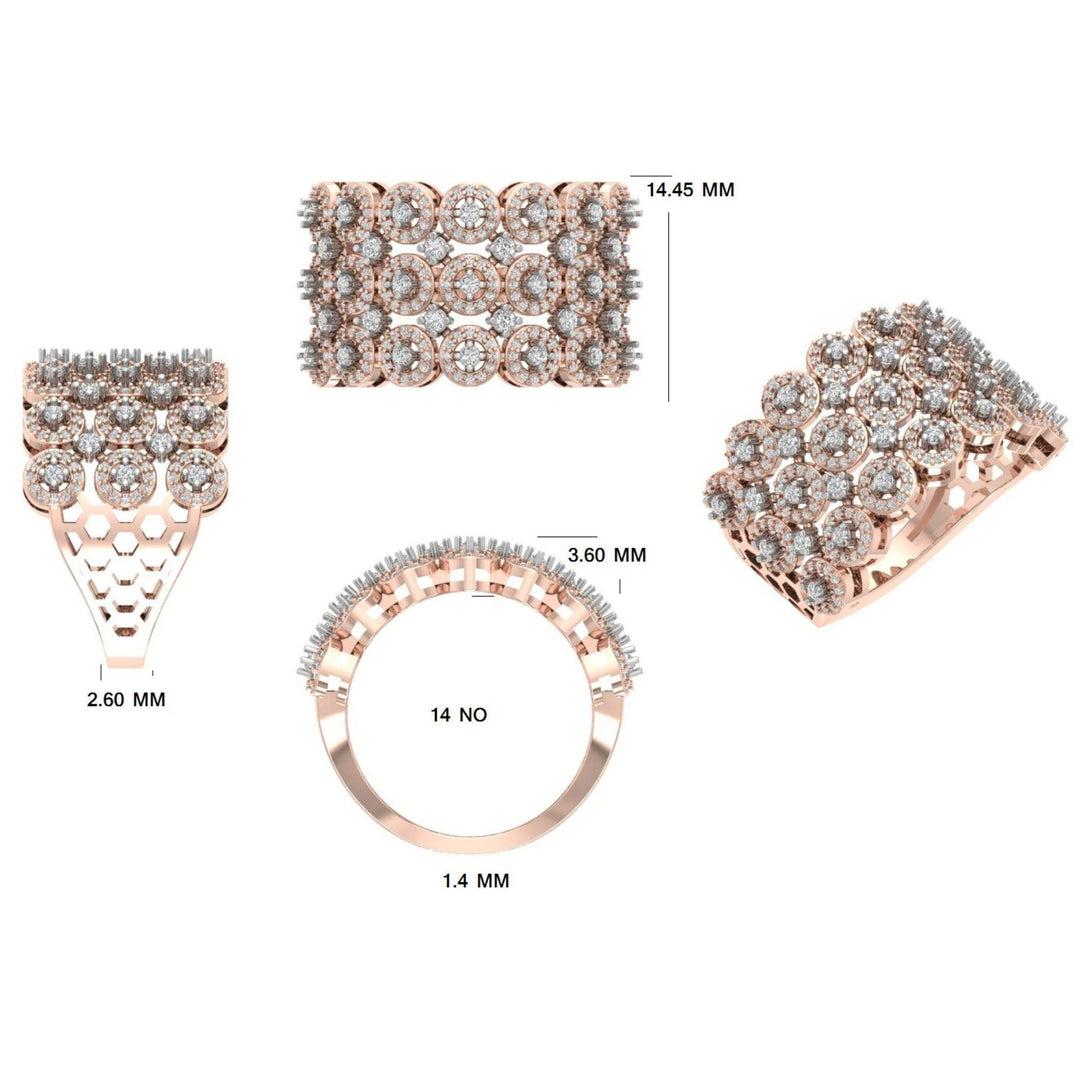 Three Row Wide Diamond Band Ring, 14k Solid Gold, Natural Diamonds, Pave Halo Set, Cocktail Statement Jewelry, Certified Jewelry