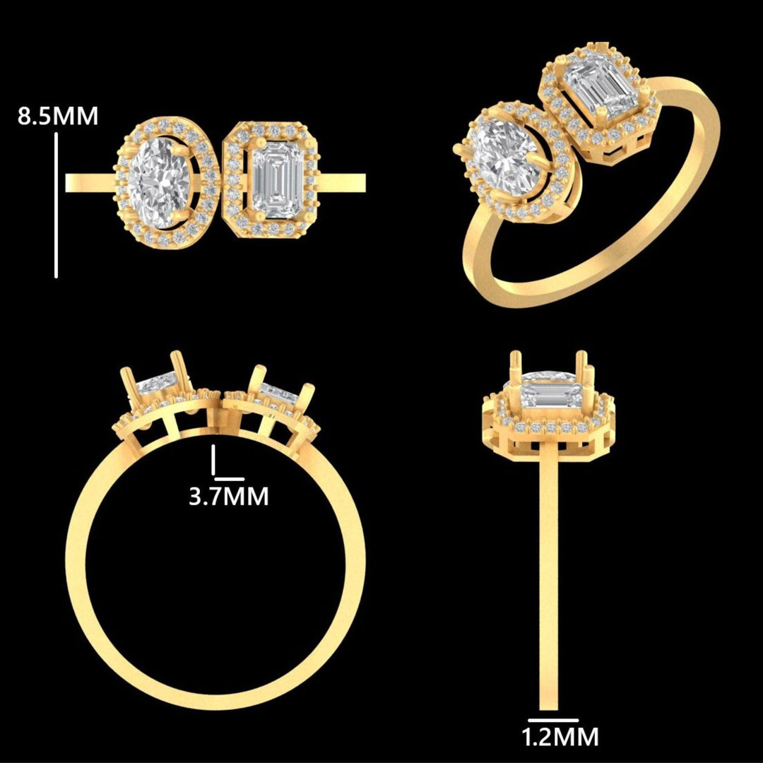 Twin Solitaire Halo Diamond Ring, 14k Solid Gold, Natural Diamonds, Oval Emerald Cut Ring, Toi et Moi Statement Ring, Certified Jewelry