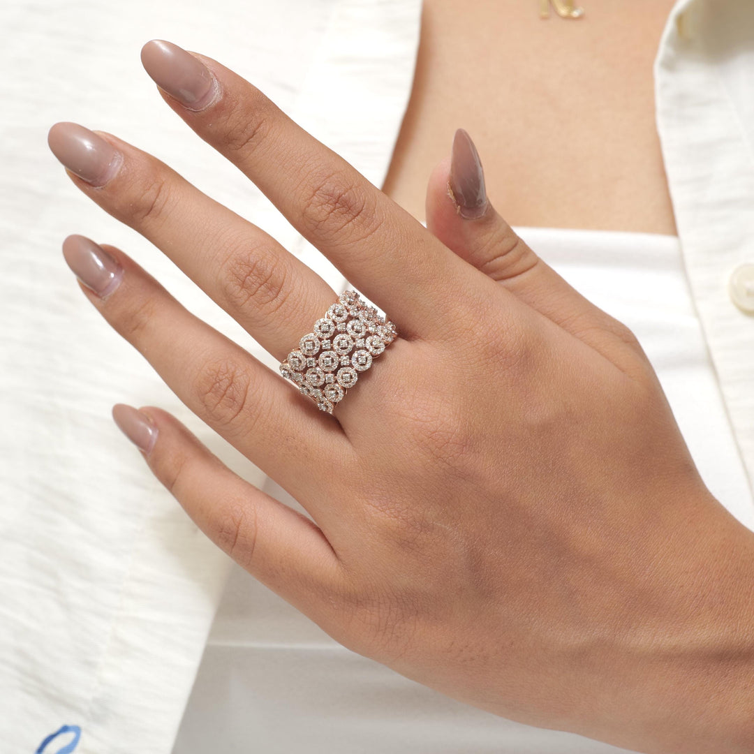 Three Row Wide Diamond Band Ring, 14k Solid Gold, Natural Diamonds, Pave Halo Set, Cocktail Statement Jewelry, Certified Jewelry