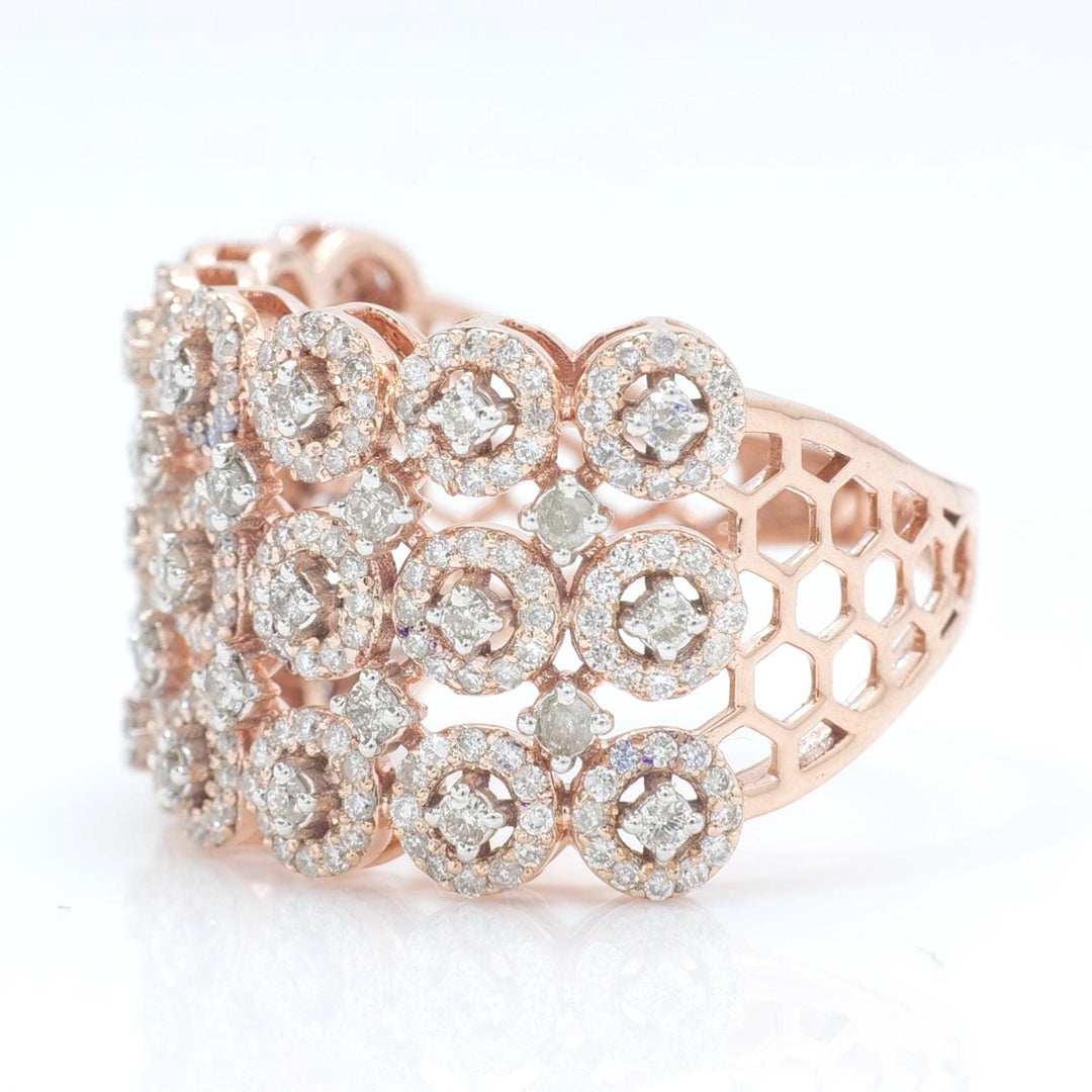 Three Row Wide Diamond Band Ring, 14k Solid Gold, Natural Diamonds, Pave Halo Set, Cocktail Statement Jewelry, Certified Jewelry