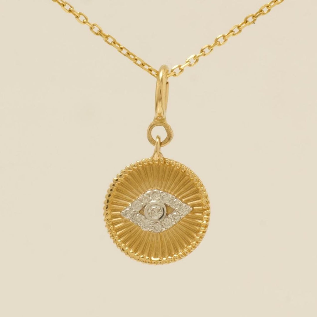 Evil Eye Medallion Diamond Charm, 14k Solid Gold, Natural Diamond, Layering Pendant, Protection Necklace, Ready To Ship, Certified Jewelry