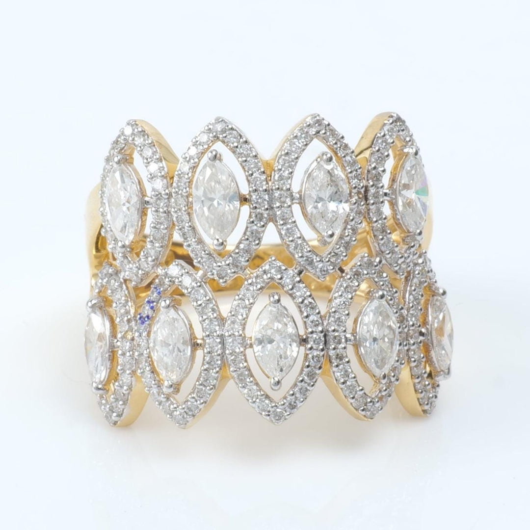 Double Row Marquise Diamond Ring, 14k Solid Gold, Natural Diamonds, Halo Wide Cocktail Band, Statement Bold Ring, Certified Jewelry