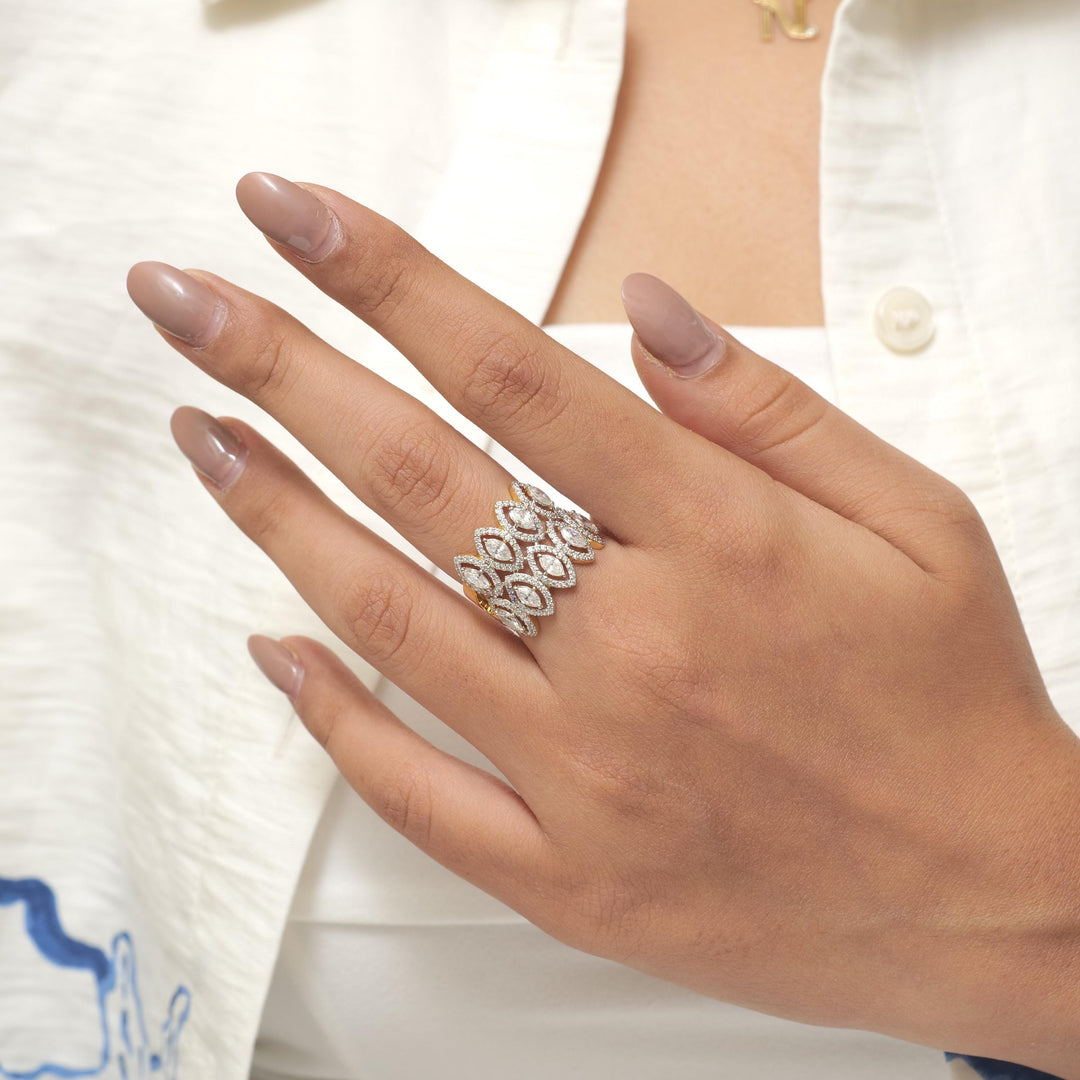 Double Row Marquise Diamond Ring, 14k Solid Gold, Natural Diamonds, Halo Wide Cocktail Band, Statement Bold Ring, Certified Jewelry