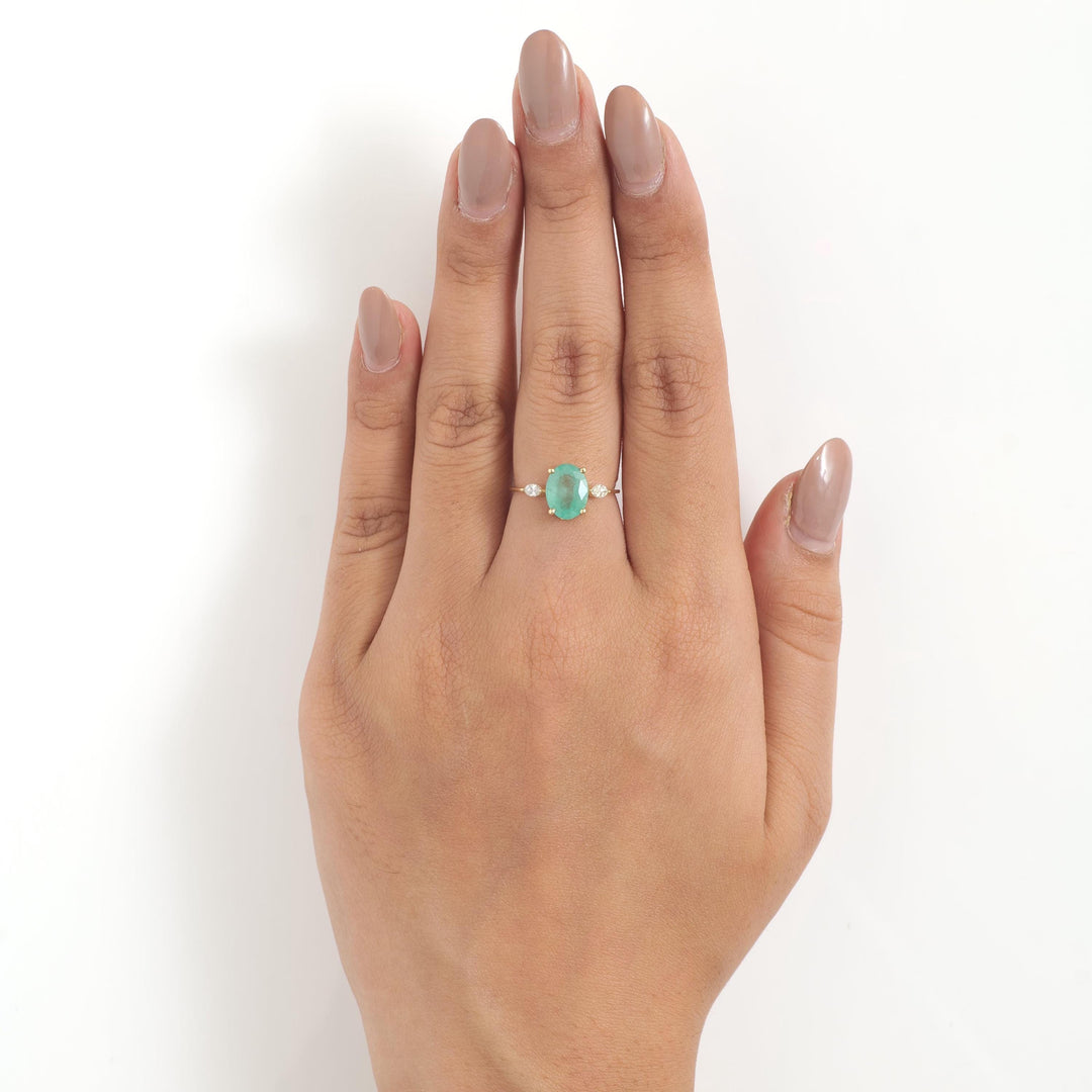 Oval Green Emerald Diamond Ring, 14k Solid Gold, Natural Diamonds, Three Stone Gemstone Jewelry, Birthstone Everyday Ring, Cetified Jewelry
