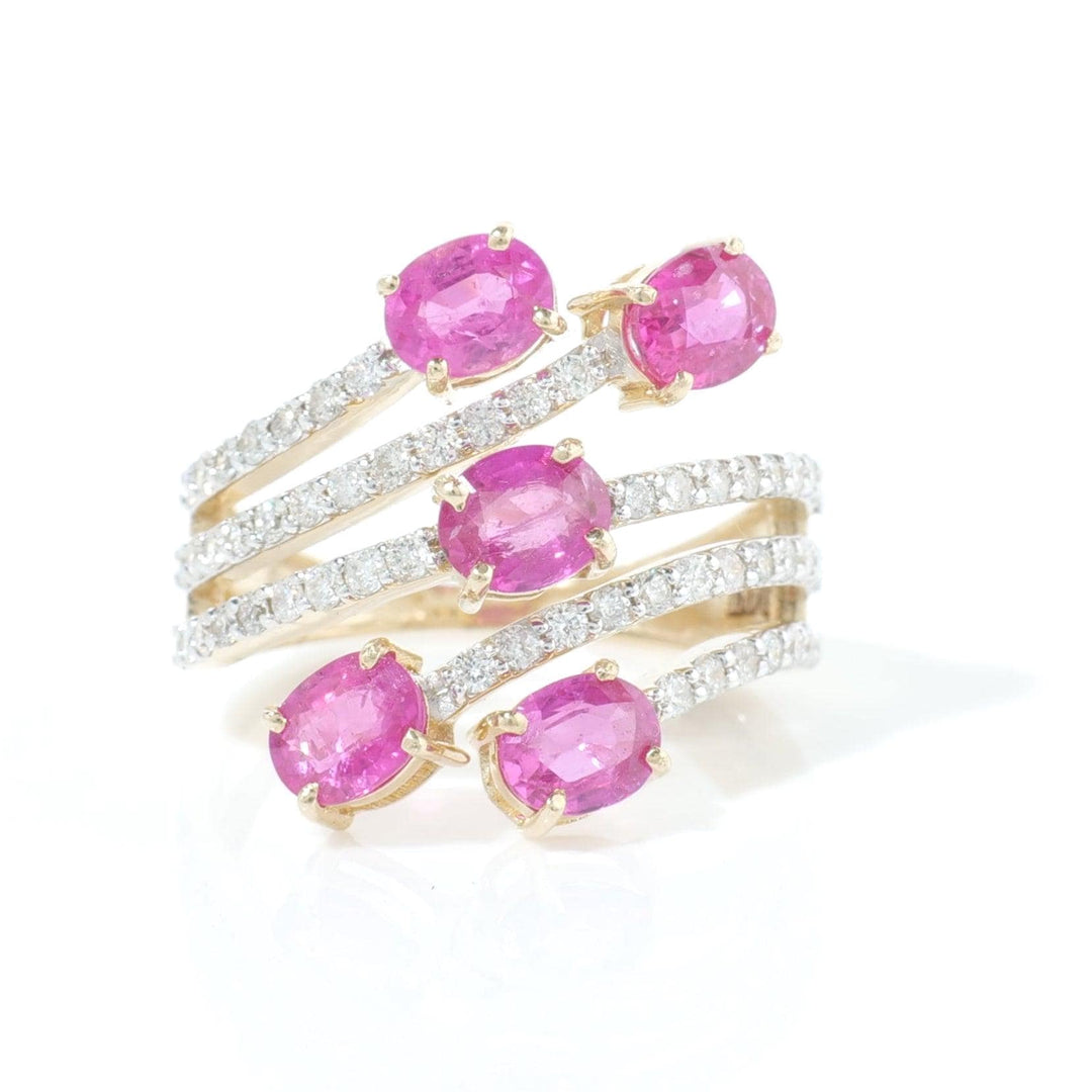 Five Stone Pink Sapphire Diamond Ring, 14k Solid Gold, Natural Diamonds, Multi Band Spiral Ring, Statement Cocktail Ring, Certified Jewelry
