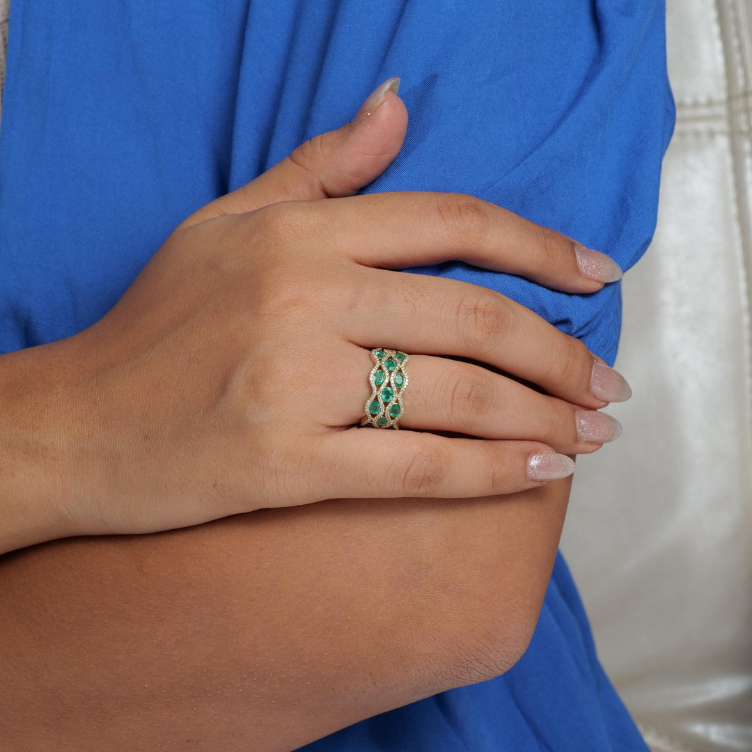 Emerald Wave Diamond Band Ring, 14k Solid Gold, Natural Diamonds, Multi Row Gemstone Ring, Cocktail Statement Band, Certified Jewelry
