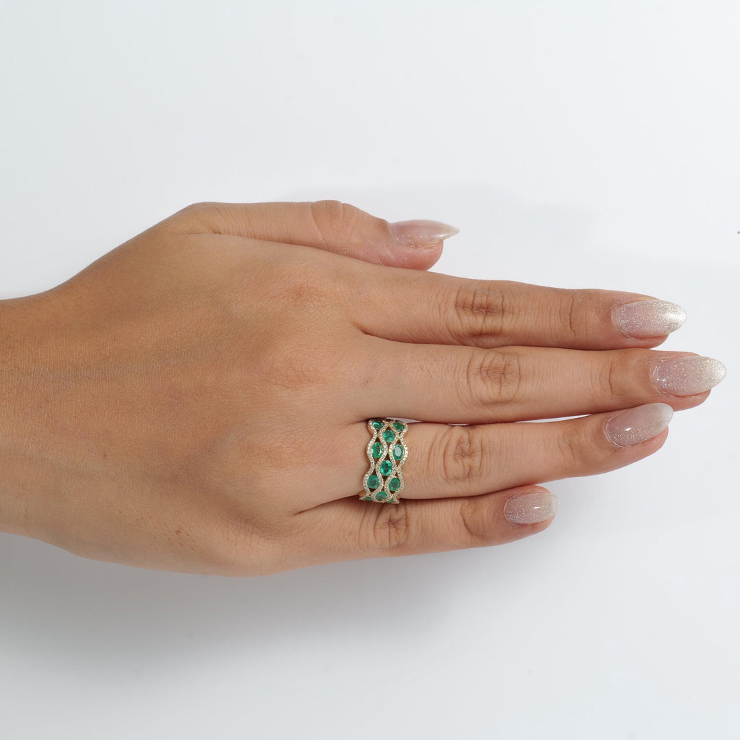 Emerald Wave Diamond Band Ring, 14k Solid Gold, Natural Diamonds, Multi Row Gemstone Ring, Cocktail Statement Band, Certified Jewelry