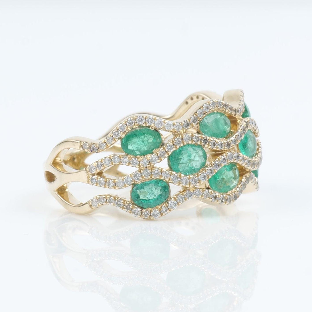 Emerald Wave Diamond Band Ring, 14k Solid Gold, Natural Diamonds, Multi Row Gemstone Ring, Cocktail Statement Band, Certified Jewelry