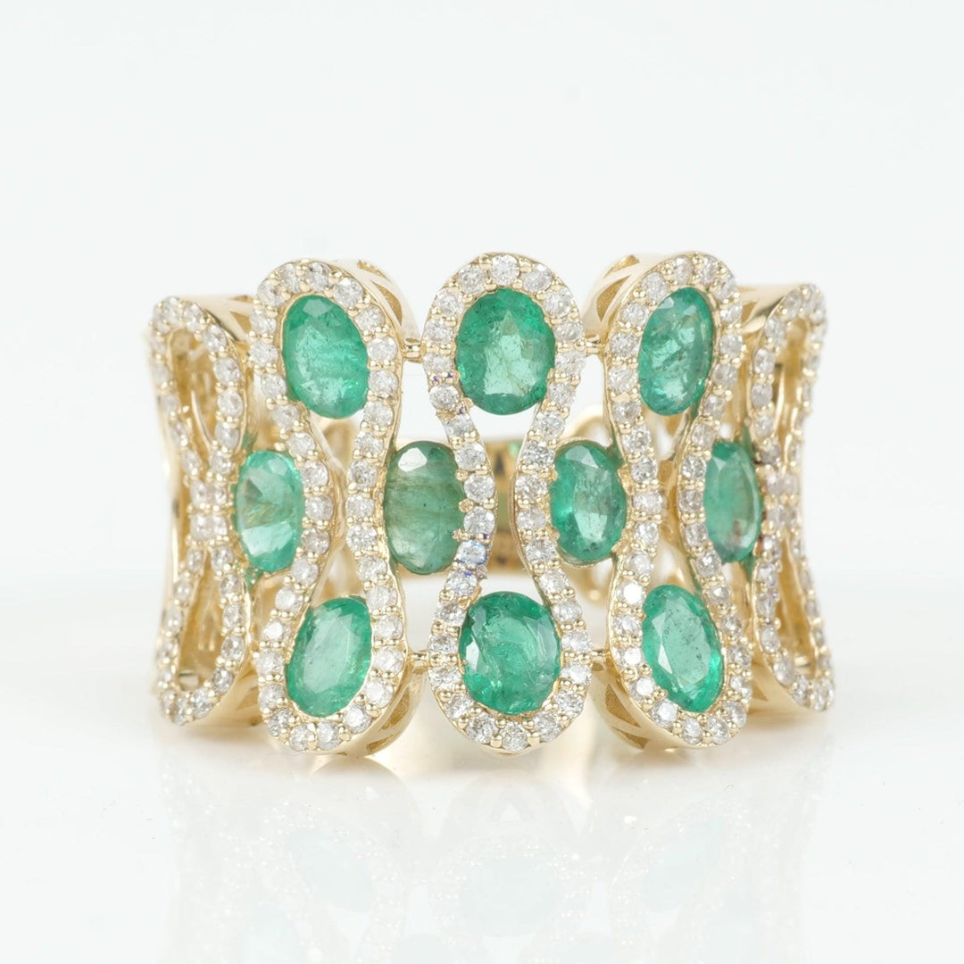 Emerald Wide Band Diamond Ring, 14k Solid Gold, Natural Diamonds, Gemstone Geometric Ring, Statement Cocktail Ring, Certified Jewelry