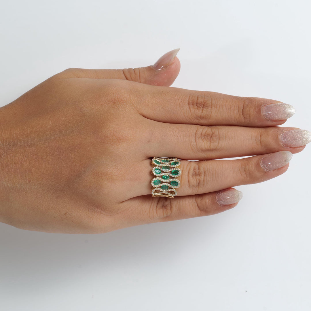 Emerald Wide Band Diamond Ring, 14k Solid Gold, Natural Diamonds, Gemstone Geometric Ring, Statement Cocktail Ring, Certified Jewelry