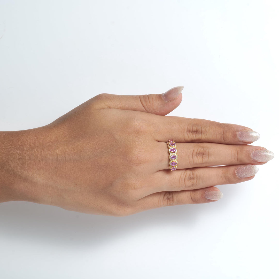 Pink Sapphire Diamond Eternity Ring, 14k Solid Gold, Natural Diamonds, Oval Halo Gemstone Band, Stackable Wedding Band, Certified Jewelry