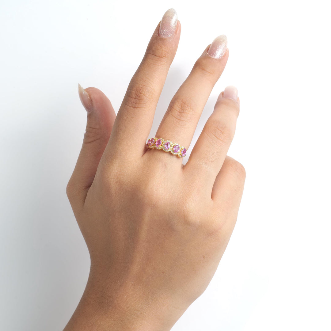 Pink Sapphire Diamond Eternity Ring, 14k Solid Gold, Natural Diamonds, Oval Halo Gemstone Band, Stackable Wedding Band, Certified Jewelry