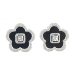 Load image into Gallery viewer, Onyx Flower Diamond Stud Earrings, 14k Solid Gold, Fancy Natural Diamonds, Floral Halo Studs, Gemstone Statement Earrings, Certified Jewelry
