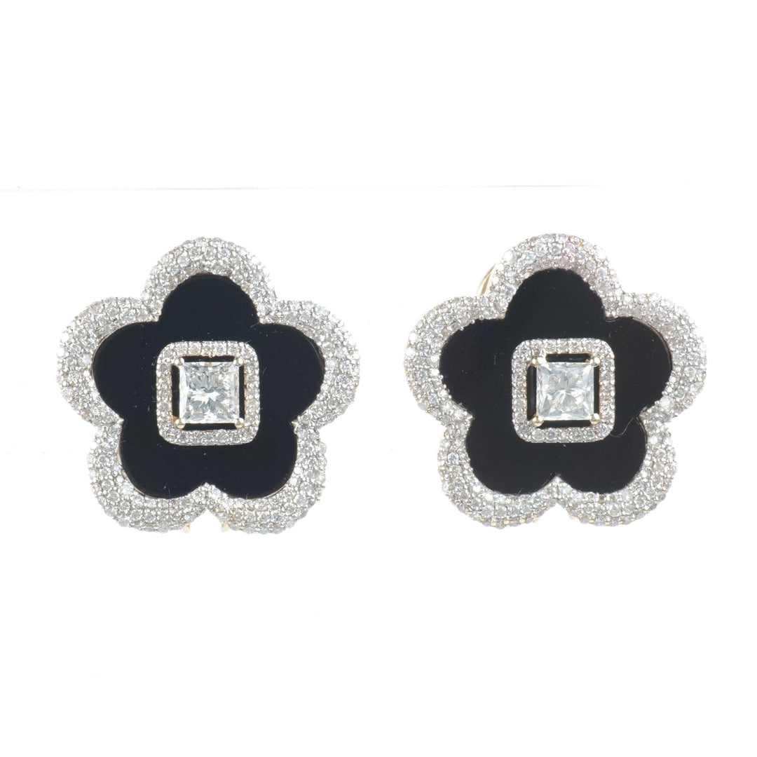 Onyx Flower Diamond Stud Earrings, 14k Solid Gold, Fancy Natural Diamonds, Floral Halo Studs, Gemstone Statement Earrings, Certified Jewelry