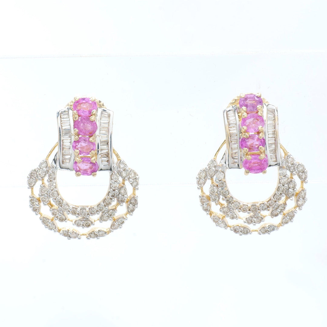 Pink Sapphire Diamond Studs Earrings, 14k Solid Gold, Natural Diamonds, Gemstone Statement Studs, Semi Circle Hoops, Certified Jewelry
