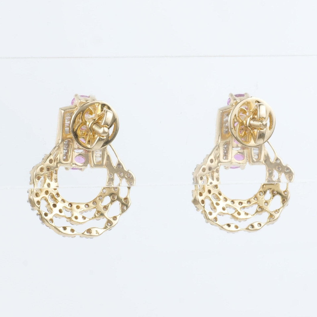 Pink Sapphire Diamond Studs Earrings, 14k Solid Gold, Natural Diamonds, Gemstone Statement Studs, Semi Circle Hoops, Certified Jewelry