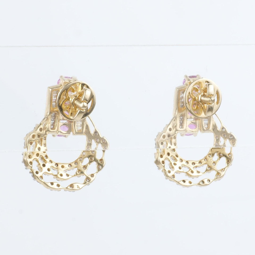 Pink Sapphire Diamond Studs Earrings, 14k Solid Gold, Natural Diamonds, Gemstone Statement Studs, Semi Circle Hoops, Certified Jewelry