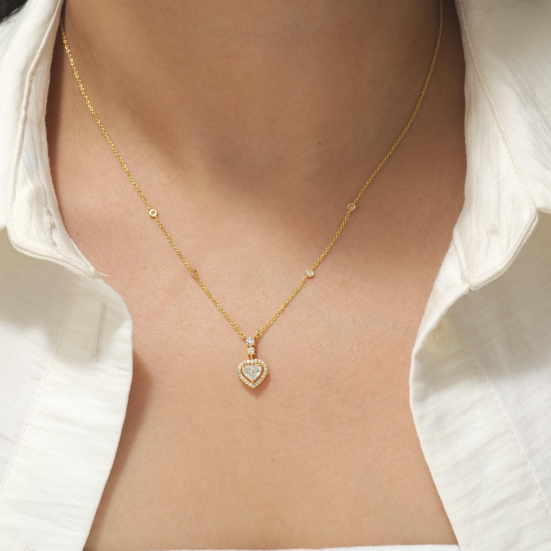 Heart Halo Diamond Pendant Necklace, 14k Solid Gold, Natural Diamonds, Love Station Chain, Proposal Layering Jewelry, Certified Jewelry
