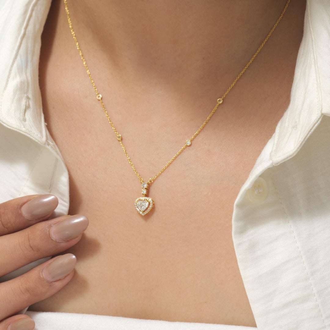 Heart Halo Diamond Pendant Necklace, 14k Solid Gold, Natural Diamonds, Love Station Chain, Proposal Layering Jewelry, Certified Jewelry